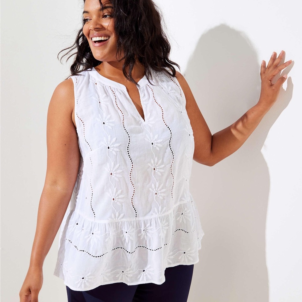 LOFT Plus Eyelet Split Neck Peplum Shell 20 White